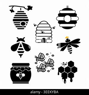 Set of black bee icons for world bee day featuring honey jar near bee hive with bees, honeycombs celebrating bee day awareness, natural preservation Stock Vector