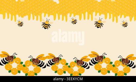 Bees with flowers and honeycomb with dripping honey borders background suitable for world honey bee day for banner, marketing, package. copy space Stock Vector
