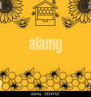 Minimal world bee day border drawing design with black honey bee silhouette for environmental awareness, pollinator conservation and nature protection Stock Vector