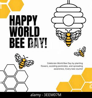 world bee day celebration poster with flying bees, beehive and honeycomb design for environmental awareness campaign. The illustration is hand drawn Stock Vector