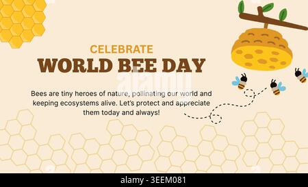 World bee day greeting card. Perfect for banners, posters, organic products branding, awareness campaign and educational message, informational Stock Vector