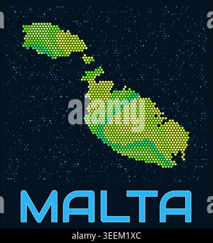 Malta hexagon dots map. Digital style shape of the island. Malta map and title. Tiny green colored hexagons, sparse blue dots in the background. Stock Vector