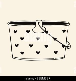 Hand drawn vector illustration of a cleaning bucket with a cute heart pattern. Minimalist household pail icon for domestic chores and home Stock Vector