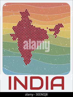 India vintage logo. Hexagon dots shape of the country on retro colored stripe waves background. India map design with grunge scratch texture. Stock Vector