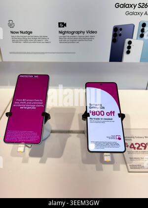 Vadnais Heights, Minnesota.  T-Mobile Store. The new Samsung Galaxy S26 on display in the store. Stock Photo