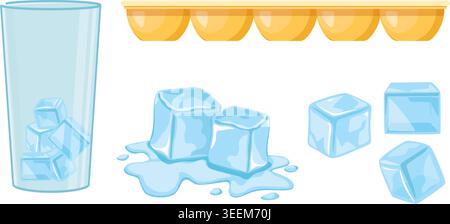 A set of vector elements showing blue ice cubes, a glass, a melting puddle, and a yellow tray for cooling drinks. Stock illustration. Stock Vector