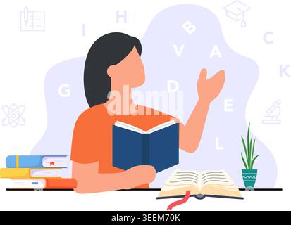 Minimal flat vector of a student reading a book with floating letters, representing learning, literacy, study, and knowledge. Stock Vector