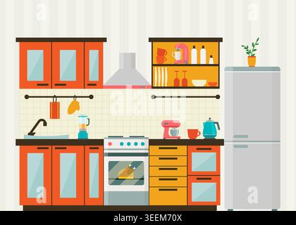 A flat vector illustration of a cozy kitchen featuring an orange cabinet set, stove, fridge, and small appliances. Stock illustration. Stock Vector