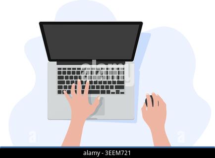 Flat vector illustration of a person typing on a laptop keyboard and using a computer mouse from an overhead perspective. Stock illustration. Stock Vector