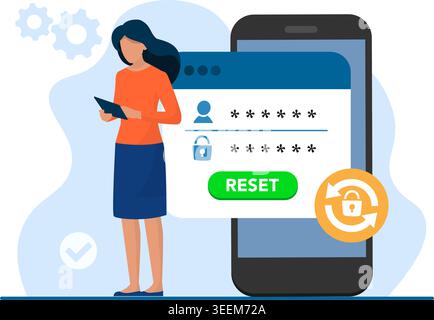A flat vector illustration of a woman using a smartphone to reset her secure login and account password credentials. Stock illustration. Stock Vector