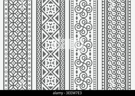 Decorative seamless pattern set in grayscale featuring a collection of unique ornamental borders and repeating abstract designs for various graphic ne Stock Vector