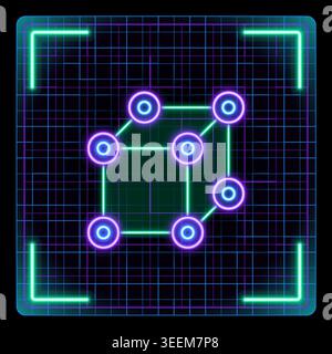 Cube circuit system icon, digital data network concept. Cyber neon futuristic icon collection, editable strokes graphic style. Stock Vector