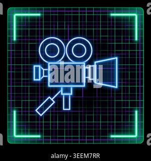 Retro cinema projector vector icon, movie camera symbol. Futuristic tech glowing neon illustration, editable strokes. Stock Vector