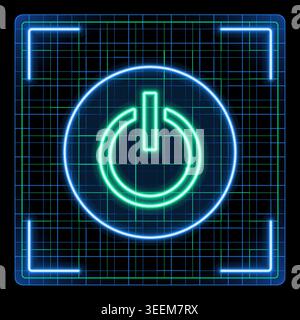 On off button icon, switch on off, press start button sign. Glowing neon icon with border grid vector, editable strokes graphic style. Stock Vector
