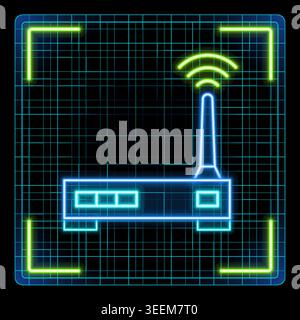 Modem Wi-Fi router icon, wireless network connection symbol, internet signal sign. Futuristic tech glowing neon illustration, editable strokes. Stock Vector