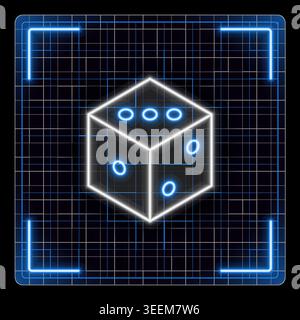 Dice illustration, bet, game, gambling, play icon. Glowing neon icon with border grid vector, editable strokes graphic style. Stock Vector