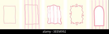 Set of vintage hand drawn frames with whimsical lines, bows, ribbons in coquette style. Vector elegant minimalist line art borders. Template for poste Stock Vector