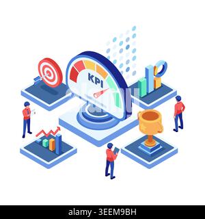 Isometric Business KPI Dashboard Performance Tracking and Data Analysis. KPI Dashboard Performance Concept Stock Vector
