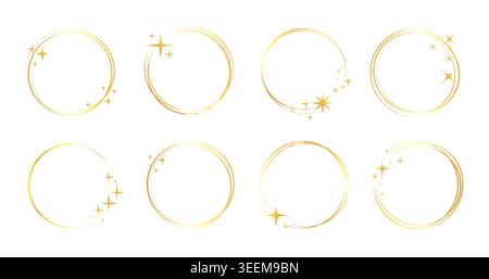 Gold frame star line set. Gold ring glitter border with celestial magic light sparkle glow. Modern jewelry ornament fantasy christmas starburst ray decoration. Vector illustration Stock Vector
