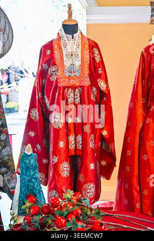 traditional vietnamese ceremonial dresses on mannequins Stock Photo