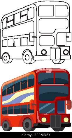 Red double decker city bus vector graphic includes colored and line art outline versions Stock Vector