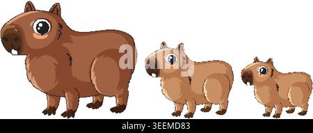 Three cartoon capybaras stand in a row against a plain white background in vector style Stock Vector