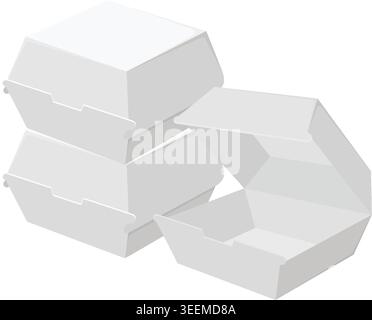 Isometric vector illustration of stacked closed and open white cardboard burger boxes on white background Stock Vector