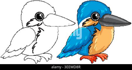 A colorful cartoon kingfisher bird sits beside its black and white line art coloring version Stock Vector