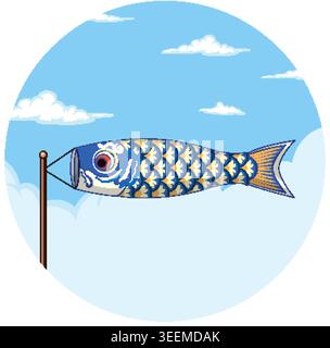 Traditional Japanese blue carp windsock on pole, vector illustration, flat style, bright sky background Stock Vector
