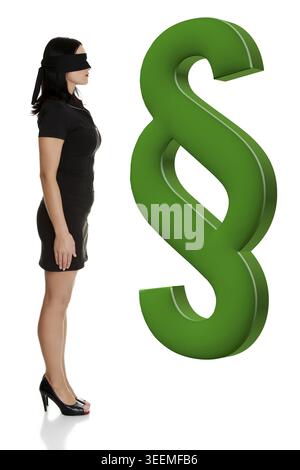 Blindfold woman standing next to big green paragraph symbol. Blind justice or unknowing law concept. Isolated on white background Stock Photo