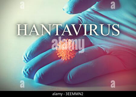 Conceptual healthcare image of doctor in blue gloves holding hantavirus sign, symbolizing virus infection, medical protection, pandemic preparedness a Stock Photo