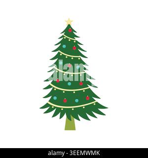 Christmas Tree Vector Flat Decorated Holiday Celebration Illustration Stock Vector