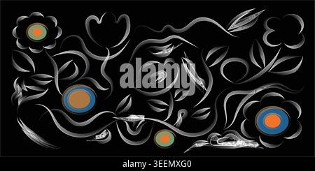 Intricate floral design with colorful flowers and leaves on black background Stock Vector