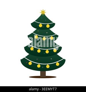 Christmas Tree Vector Flat Decorated Holiday Celebration Illustration Stock Vector
