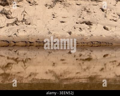 Earth-toned riverbank reflected in still water creates a minimalist natural background with organic textures and erosion details. Ideal for environmen Stock Photo