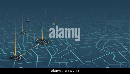 Futuristic isometric map with orange light beams and data path. Vector illustration. Stock Vector