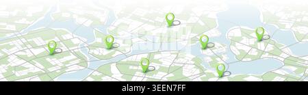 White isometric city panorama with multiple green location pointers. Vector illustration. Stock Vector