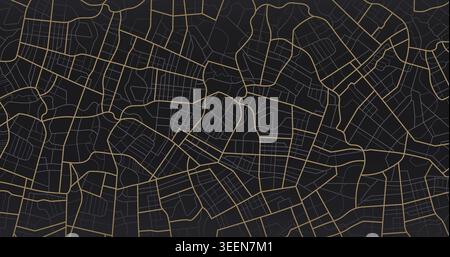 Abstract black city map pattern with golden street lines. Vector illustration. Stock Vector