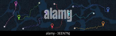 map banner with multiple colorful tracking routes and pins. Vector illustration. Stock Vector