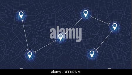 Connected location pins on dark blue urban map background. Vector illustration. Stock Vector