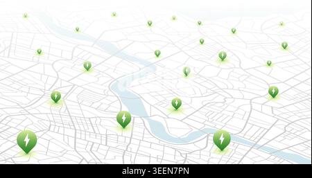 Perspective city map featuring network of green electric vehicle charging points. Vector illustration. Stock Vector