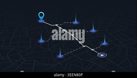 city map with glowing route and navigation markers. Vector perspective illustration. Stock Vector