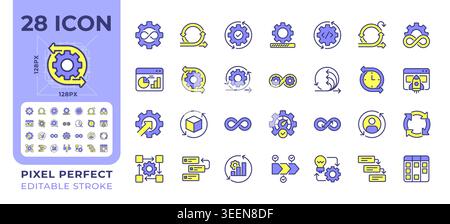 Continuous process pixel perfect line color icons set Stock Vector