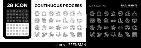 Continuous process pixel perfect black and white line icons set Stock Vector
