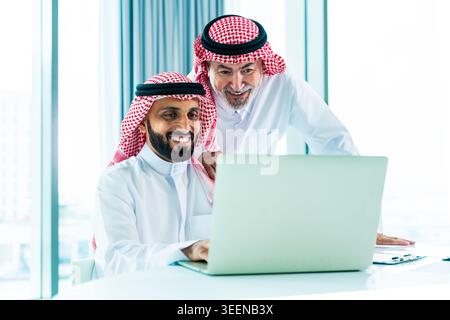 Middle eastern businessmen working together on a laptop in a modern office, sharing ideas and making business decisions, symbolizing teamwork and corp Stock Photo