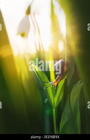 Macro Shot of a Snail Crawling on a Green Leaf with Snowflakes in the Background Stock Photo