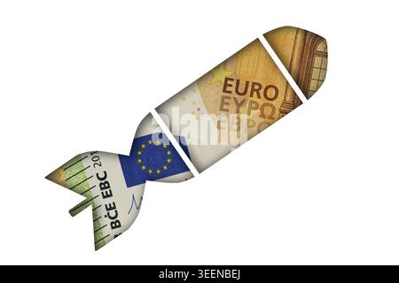 Military air Bomb silhouette with euro banknotes on white background - Concept of war and economy Stock Photo