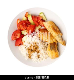 Fried Fish and Rice, Fish in Breadcrumbs with Fresh Vegetables, Seafood Lunch, Homemade Fishfingers Stock Photo