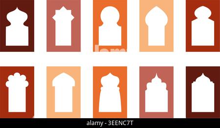 Ramadan Islamic frames for collage. Arabic arch window and door shapes. Design elements with Indian ornament. Oriental Muslim gates on white Stock Vector