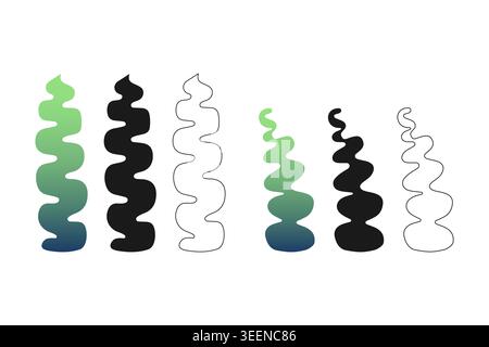Stylized wavy spirulina-like seaweed curls in deep emerald gradient and minimalist ink silhouettes for superfood packaging and contemporary marine bra Stock Vector